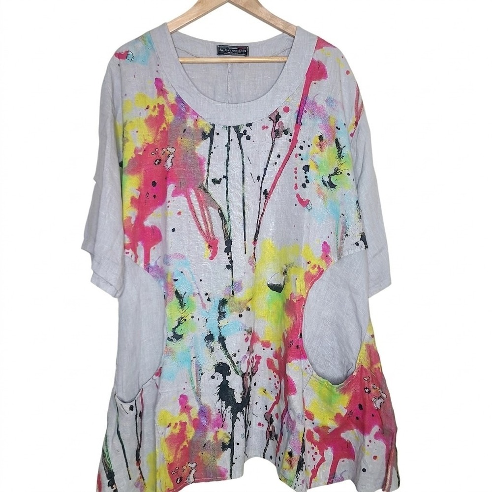 Made In Italy Linen Art To Wear Tunic Top Lagenlook Splatter Paint Abstract Gray